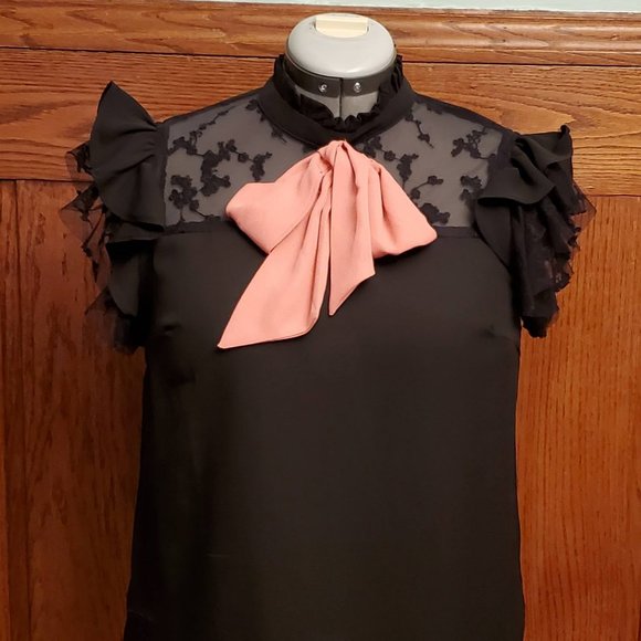 Black Lace Flutter Sleeve Blouse with Tie Neck BN - Picture 2 of 4